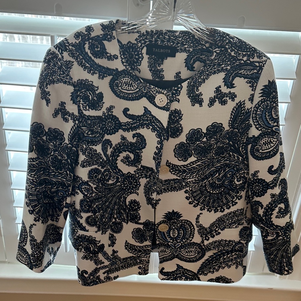 Talbots Women's Navy and White Patterned Blazer
